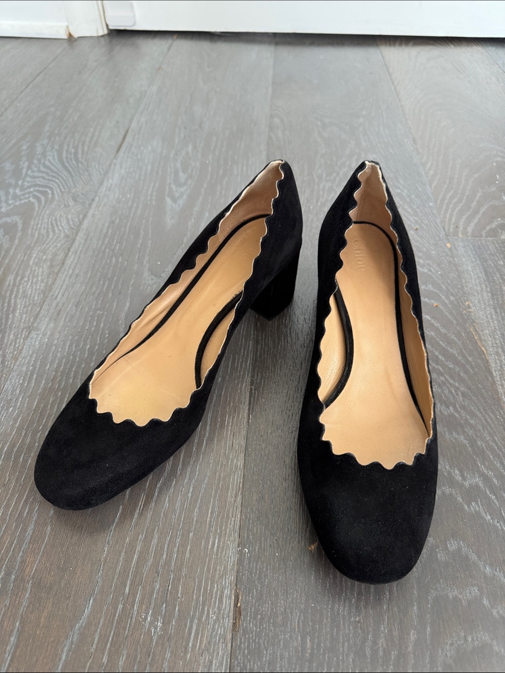 Chloe Black Scalloped Block Heel Pumps